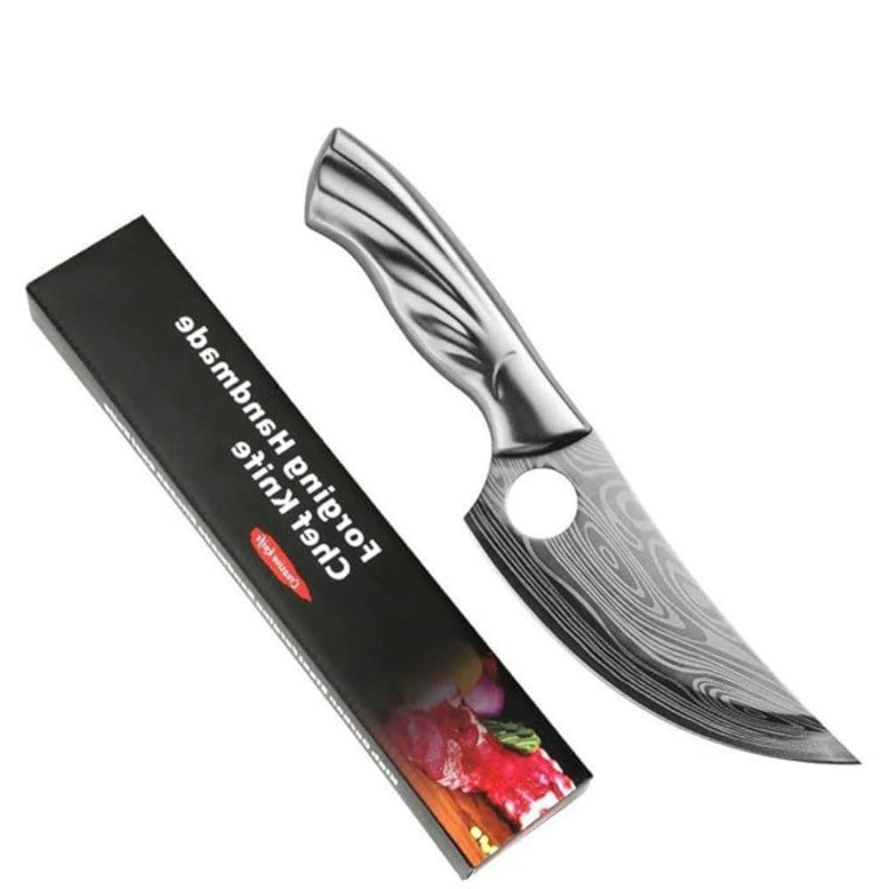 KASHTGO Hand Forged Chef Knife with Damascus Pattern Blade, Full Tang Stainless Steel Kitchen Knife with Ergonomic Handle, Professional Cooking & Meat Cutting Knife