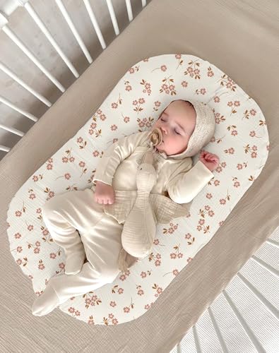 Image of Muslin Baby Lounger Cover 2 Pack, Soft Breathable Newborn Lounger Pillow Cover for Boys Girls Infant (Flower E & Pink)