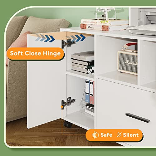 Devaise Office File Cabinet With Lock, 1-Drawer Wood Lateral Filing Cabinet On Wheels, Printer Stand With Open Storage Shelves For Home Office, White #TOP3