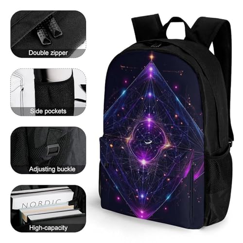 Large Capacity Sacred Geometry Symbols Sun Moon Trippy Purple Backpack, Women Men Portable Daypack for Hiking, Shopping, Fashion Comfy Shoulder Bag with Adjustable Strap3