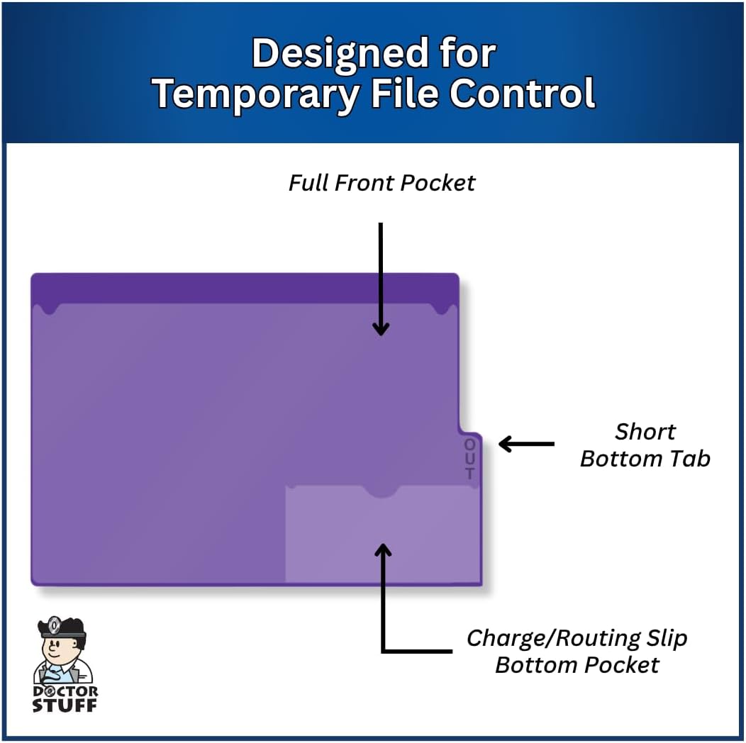 Doctor Stuff - Short Tab Vinyl Outguides, Full Front Pocket, Bottom Charge Out Slip Pocket, Plastic File Folder, Letter Short Size 9-1/8" x 12-1/2", Purple, 50/Box
