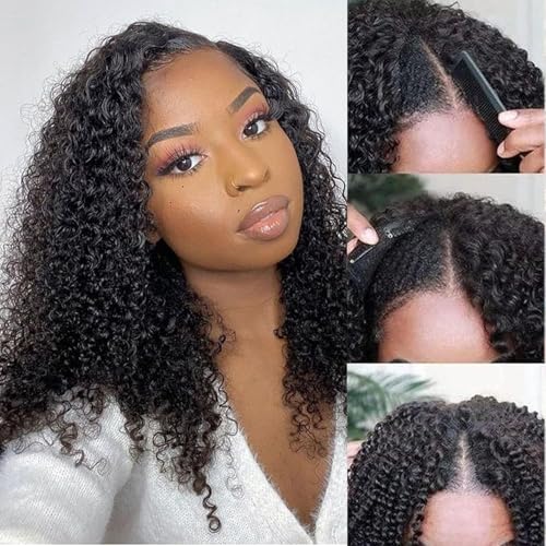Kiqibeauty V Part Wig Human Hair For Black Women Upgrade U Part Wig Human Hair Kinky Curly Wig 100% Virgin Hair Glueless Wear and Go Wig Minimal Leave Out 200% Density 16 Inch