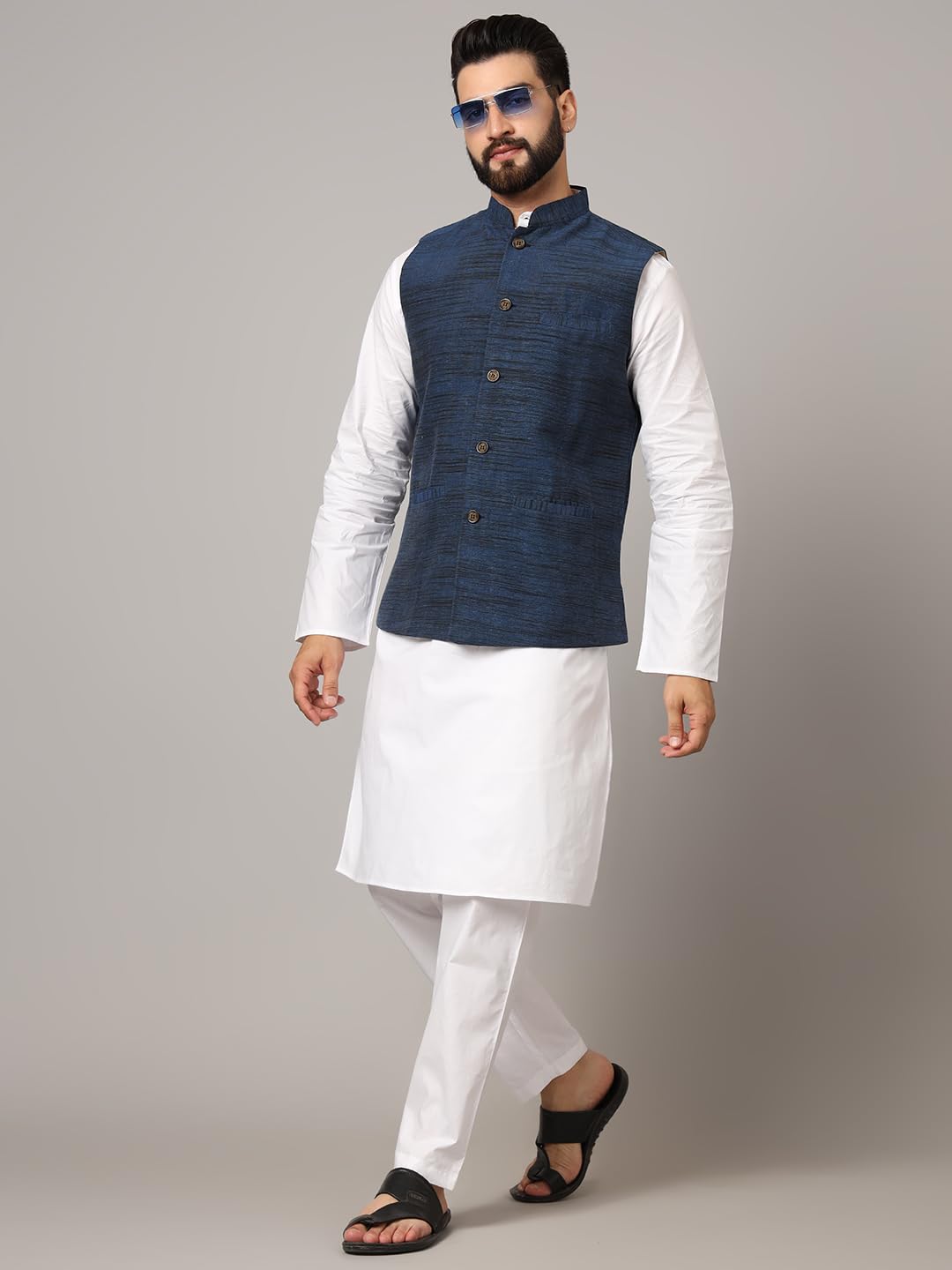 LATEST CHIKAN Men's Nehru Jacket/Waistcoat Sophisticated Ethnic Wear - SADRI-DK-BL-40 - Image 2 thumbnail