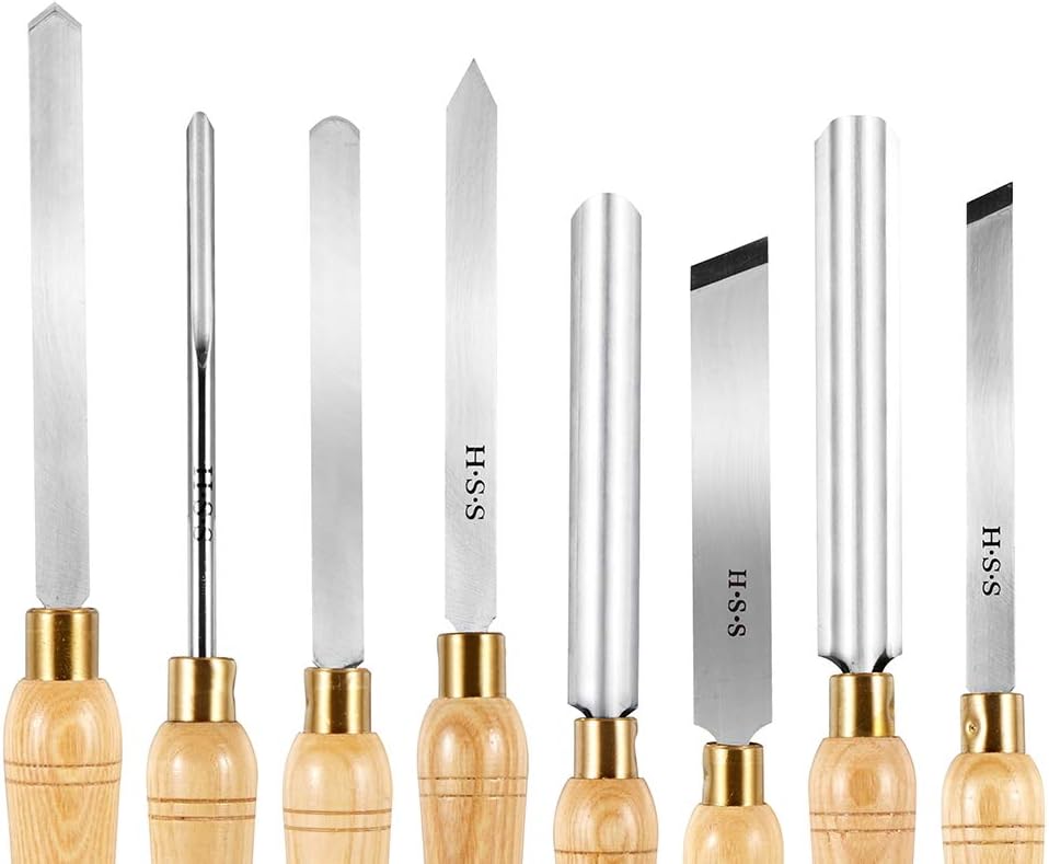 Mengkai Wood Turning Tools with HSS Blade Hardwood Handles Woodworking Lathe Chisel Set 8 Pieces, High Speed Steel Gouge Set with Brass Ferrules & Wooden Case for Storage - - 