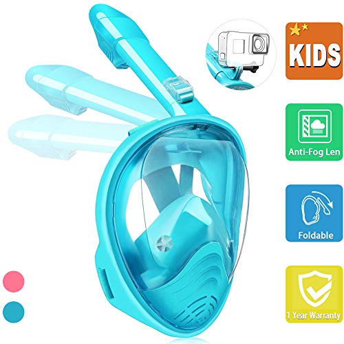 Hieha Full Face Snorkel Mask for Kids - 2020 Newly Released Anti-Fogging Anti-Leak Snorkeling Set with Detachable Camera Mount & Dive Mask Safety Breathing System Dry Top Set Foldable Diving