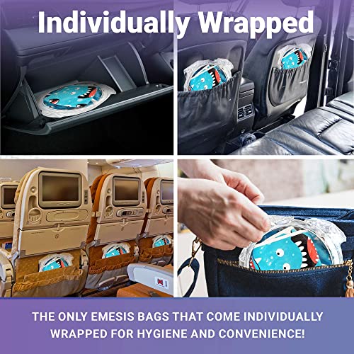 Kids Vomit Bags Disposable 5 Pack - Individually Wrapped Barf Bags With Cute Monster Print - Leak Proof Self Sealing Emesis Bags For Motion Car Sickness And Nausea - Ideal For Taxis, Airplane Travel #TOP5