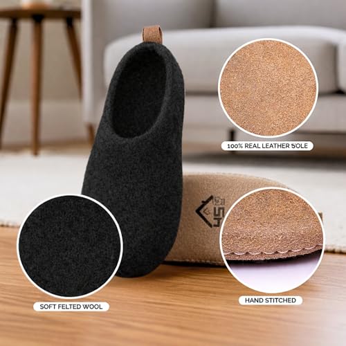 Image of Wool Indoor Slippers - Natural Organic Wool, Genuine Leather Sole, Handmade in Nepal - Cozy, Warm, Soft, Unisex Non-Slip House Shoes for Men & Women - Perfect for Winter Comfort