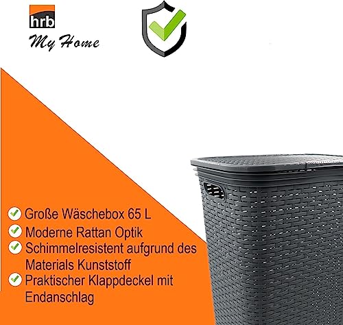 HRB Wäschekorb mit Deckel Rattan, Wäscheaufbewahrung aus Kunststoff, Wäsche Sortierer (65 L - Eckig, Anthrazit)