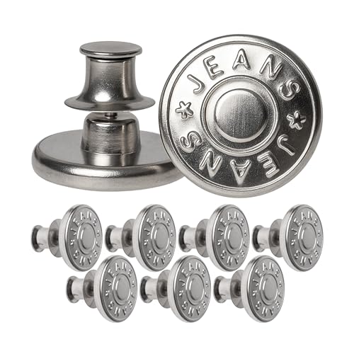 Verstellbare Hosen Ersatz Knöpfe, 8 Pack, Nickel-frei, für Allergiker, Ø 17 mm Messing Jeansknöpfe, Silber-farben, Hosenbund jederzeit einstellbar, Jeans enger weiter machen, Hosenknöpfe mit Pin Knopf