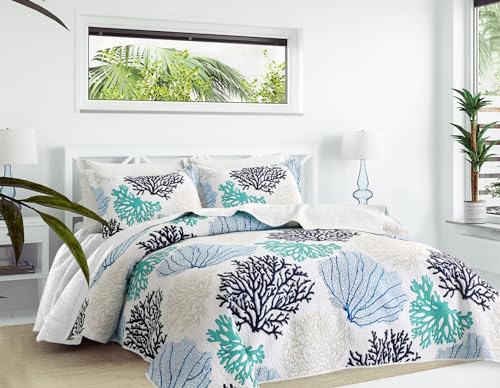 3 Piece Blue Teal Coral Coastal Quilt Sets Full/Queen Size Nautical Beach Bedding Lightweight Reversible Microfiber Coverlet with 2 Shams Ocean Themed Bedspread Comforter Set for All Season, 90''x96'' - Image 2