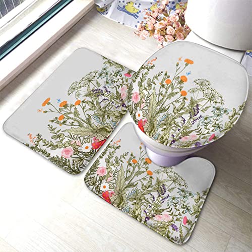 Badezimmerteppich-Set, 3-teilig, Bunte Blume, Pflanze, Blume, Vintage-Kräuter, Naturlandschaft, waschbare Badteppiche, rutschfest, mit Rückenpolster, Konturteppich und Toilettendeckelbezug