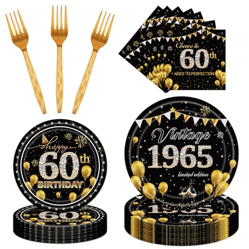 refavor Vintage 60th Party Tableware, 96PCS 60th 1966 Birthday Decorations for Men Woman, Black Gold Happy Party Tableware Over the Hill Plates Napkins Forks Set Supplies