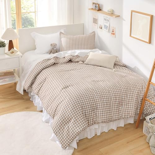 Image of Andency Tan Gingham Comforter Set Full(79x90Inch), Brown Checkered Grid Plaid Buffalo Bed Set for Girls Boys Kids Teens, 3 Pieces Lightweight Polyester Geometric Preppy Bedding