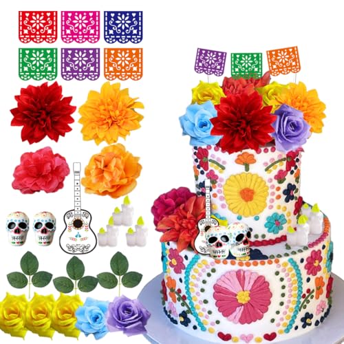 Mexican Fiesta Cake Topper Mini Papel Picado Banner Sugar Skull and Flower for Mexican Dia De Los Muertos Day of The Dead