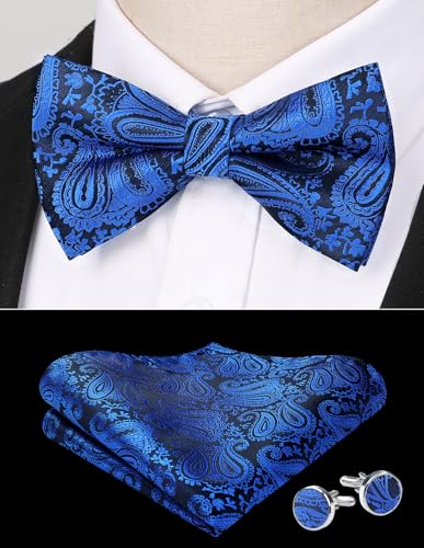 Image of HISDERN Bow Ties for Men Pretied Bow Tie Set Paisley Classic Bowties and Pocket Square Cufflinks Set for Wedding Party