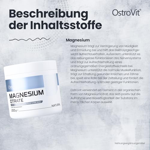 OSTROVIT Magnesium Citrate 1er pack 200g 74 Servings Portionen Magnesiumcitrat Keine Aromen und Farbstoffe Muskelkrämpfe Mudigkeit Nervensystem Gut Verfügbar