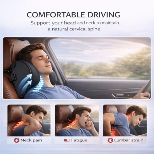 Generisch 2-Pack Auto Nackenkissen, Weichheit Auto Kopfstütze Kissen zum Fahren mit verstellbarem Riemen, 100% Memory Foam und atmungsaktiver Abnehmbarer Abdeckung (Black)