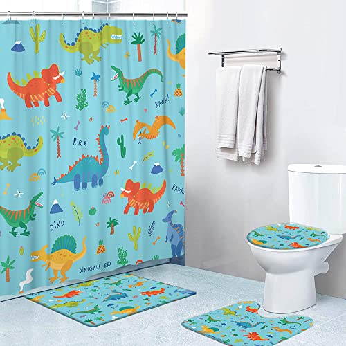 Image of LOKMU 4 Pcs Shower Curtain Sets with Non-Slip Rugs, Toilet Lid Cover and Bath Mat,Cute Cartoon Dinosaurs On Blue Waterproof Shower Curtain with 12 Hooks, Bathroom Decor Sets, 72"x 72"