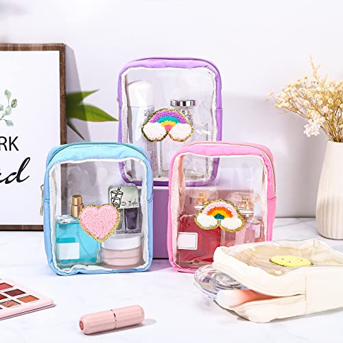 Spiareal 4 Pcs Preppy Patch Makeup Bag Cute Chenille Letter Pouch Cosmetic Toiletry Bag with Zipper Travel Organizer Stuff Skincare Cases for Women Nurse Graduation(Transparent Surface)4