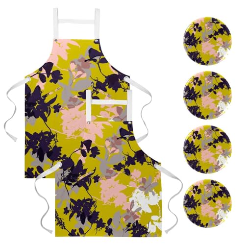 Lot de 2 tabliers de cuisine avec 4 broches motif botanique sauvage et fleur multicolore
