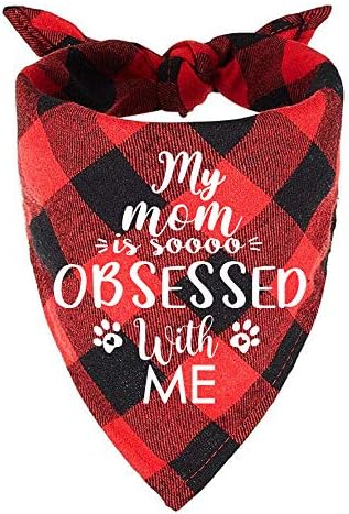 Family Kitchen Funny Cute Red Plaid Pet Dog Cat Bandana Scarf, My Mom is So Obsessed with Me Puppy Dog Scarf Bibs Accessories for Pet Birthday Gift