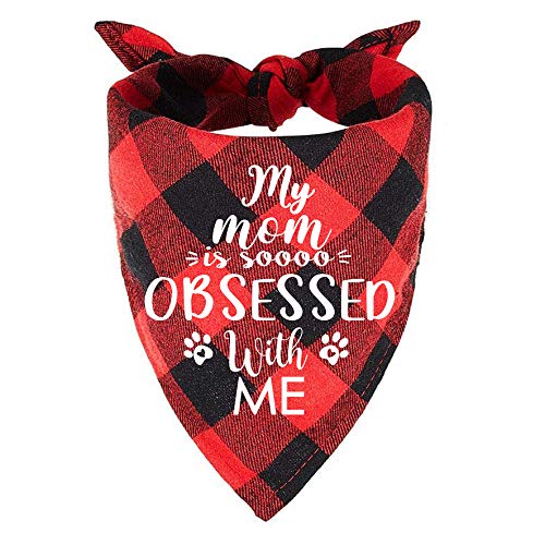 Funny Cute Red Plaid Pet Dog Cat Bandana Scarf, My Mom is So Obsessed with Me Puppy Dog Scarf Bibs Accessories for Pet Birthday Gift
