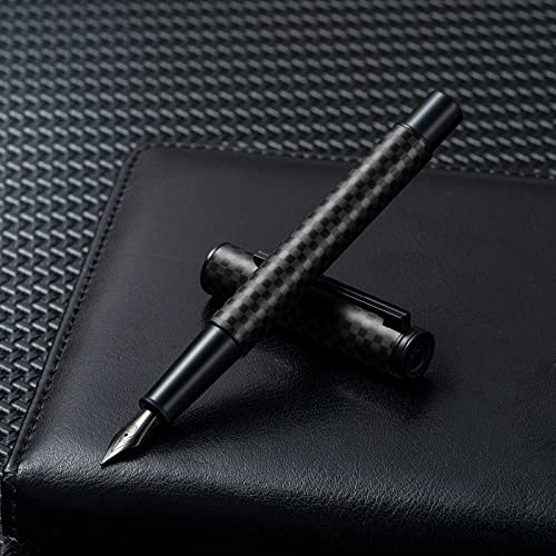 Image of Hongdian Black Forest Pro Carbon Fiber Fountain Pen, Fine Nib Modern Design Consistent Writing Pen with Ink Refill Converter and Metal Pen Case Set