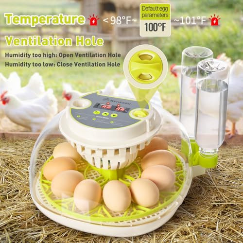 Incubators for Hatching Eggs, 12 Egg Incubator with Automatic Egg Turning and Humidity Control, Incubator for Chicken/Quail/Duck Eggs with Temperature Control/LED Egg Candler, 360 Degree View