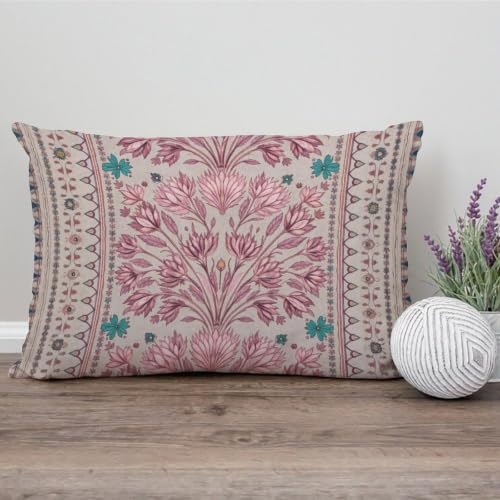 ArogGeld Lily Leaf Ginkgo Biloba Flower Farmhouse Pillow Cover Pink and Coral Geometric Flower Lumbar Throw Pillow Cover White Linen Chinoiserie Chic Asian Pillow Case for Sofa Couch 16x24in