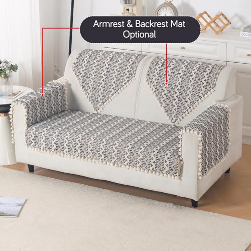 Image of HOKIPO Sofa Cover Mat with Tassel for 2 Seater Sofa | 300 GSM Thick Cotton Acrylic Jacquard Fabric,'Trivana Series' Charcoal Black (IN-934-J6*S)