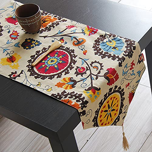 Chemin de table floral ethnique de qualité supérieure en coton lin KnSam