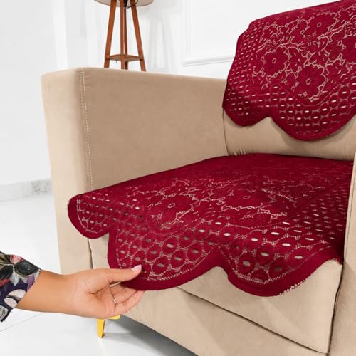 Image of Homerz Premium 'Surya Series' Sofa Cover | Stylish Sofa Protector | Net Fabric | Anti-Stain & Washable Slip Cover Exact Size Antislip (Flower Valley Maroon, 1 Seater, Seat Cover with Backrest)