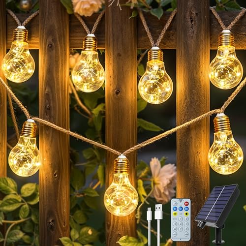 Ollny Guirlande lumineuse solaire extérieure, 24 ampoules 12M, guirlande résistante aux intempéries, 8 modes, minuterie, dimmable, USB, pour jardin balcon terrasse...