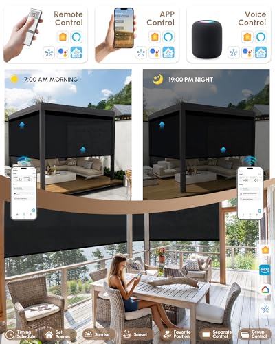 Image of Kincmo Motorized Outdoor Shades for Patio Porch, Custom Outdoor Motorized Blinds with Remote, Waterproof & Windproof Patio Shades Work with Apple Home,Alexa,Google (Black-1% Openness)