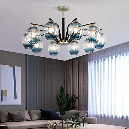 Luminaires de plafond en fer forgé 10 lumières noirs avec abat-jour en verre