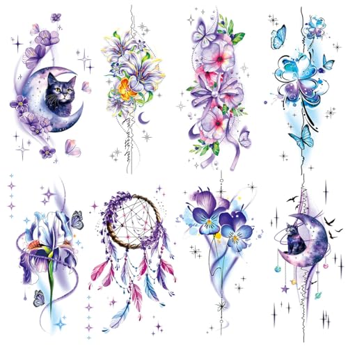 Oottati 8 Sheets Watercolor Temporary Tattoos For Women Girls-Purple Cat Moon Butterfly Dreamcatcher Realistic Long Lasting Fake Tattoo Stickers Waterproof Tattoos For Adult Body Art