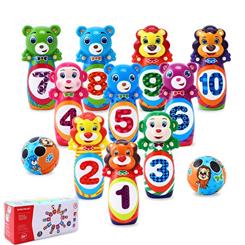 LARAH Bowling Set for Kids - Educational Toys Animal Kids Bowling Set 10 Indoor Colorful Soft Foam Bowling Pins 2 Bowling Balls Printed with Number Toddler Toys for Boys Girls Age 3-6