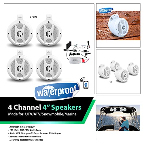 Image of Lanzar 4 Channel Quad Waterproof 4 inch UTV /ATV /Snowmobile /Marine Amplified Speaker System with Bluetooth Audio Interface