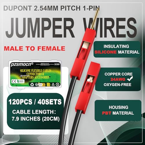 pzsmocn Silicone Flexible Jumper Wires Breadboard 24AWG 20cm Long 40 Sets / 120 Pcs for Dupont 2.54 mm Pitch Connector 1-Pin Red Male-Female Header Solderless Electronic Adapter Ribbon Cable