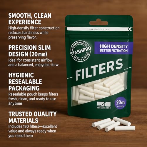 Image of Stash-Pro Slim Long Filters 20mm - Pack of 2 Resealable Pouches (120 Filters Each) | High-Density Filter Tips for Smooth, Clean Experience | Premium Quality Rolling Accessories