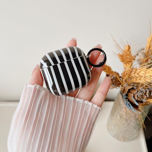 Image of MINSCOSE for AirPods 4 Case,Cute Striped Aesthetic Pattern Design with Trendy Keychain Ring,Soft TPU Protective Shockproof Cover with Cleaner Kit for Girls Women for Airpods 4-Black