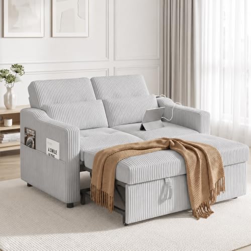 Image of 51.6 inch 3-in-1 Convertible Sleeper Sofa Bed, Pull Out Loveseat Couch with 5-Position Adjustable Backrest, USB & Type-C Ports, Side Storage Pockets, Corduroy Sofa Bed for Small Spaces
