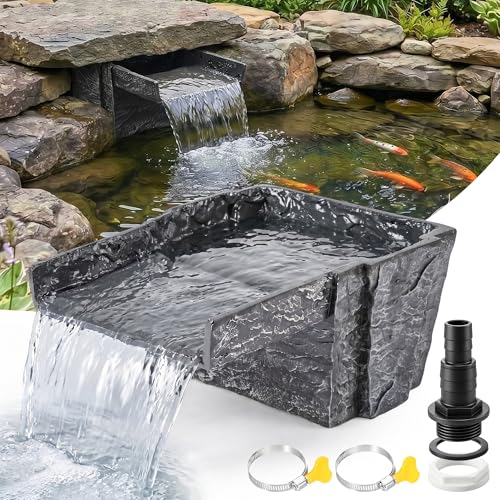 HappyAlley Waterfall Spillway 8 inch Wide Weir Fake Rock Pond Waterfalls Spillway Kit for Pond Garden Backyard Water Features and Streams Includes Waterfall Box Barb Adaptor and Hose Clamp