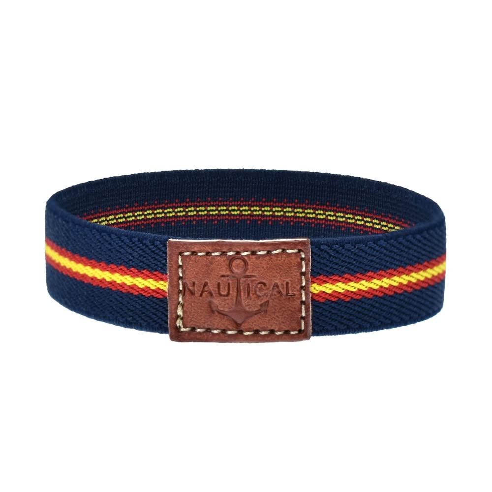BDM Pulsera de mujer y hombre de tela azul marino y con la bandera de España. Brazalete náutico elástico que se puede mojar y lavar.