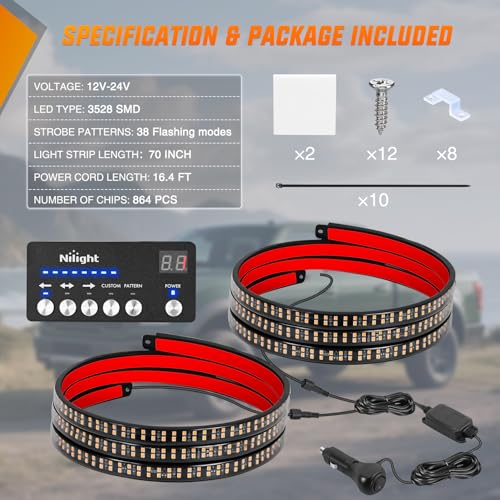 Image of Nilight 2PCS 70 Inch Emergency Strobe Light Strip with Controller 864 LED Amber Running Board Lights Flexible Side Flashing Warning Caution Safety Waterproof for Truck Construction Pickup