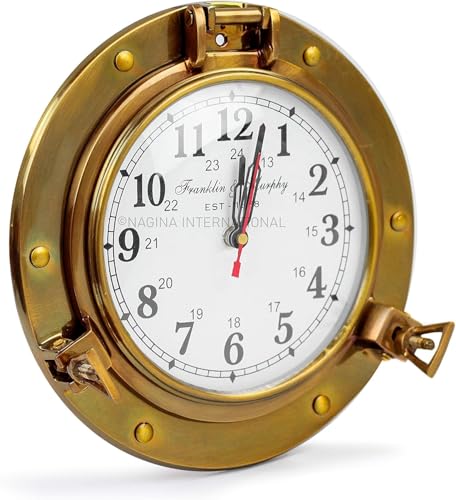 Nagina International 9" Antique Brass Premium Nautical Wall Decor Vintage Time's Clock | Pirate'S Porthole Decorative Clock (Franklin & Murphy's Vintage Dial)