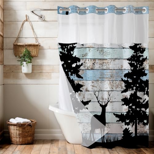 Besaomeom No Hook Rustic Forest Shower Curtain, Country Deer Fabric Shower Curtain with Top Window, Cabin Farmhouse Decor for Luxury Hotel Grade Bathroom 71