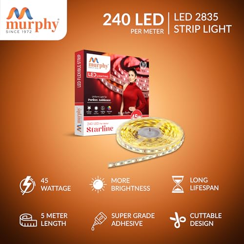 Image of Murphy 45W LED Strip Light 2835 High Lumen 5 Metre (240 LEDs /Mtr) Warm White - 12V DC 10A Driver Included | Cove /False Ceiling /Decor Light (Pack of 4, 1-Year Warranty)