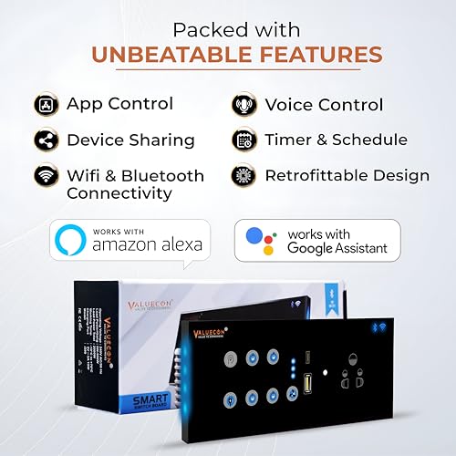 Image of i380 6 modular Smart Wifi Switch Board with 4 Switch,1 Fan,1 Socket, C & A type USB charging ports| App Control, Voice-controlled by Alexa, G. Home, G. Assistant-Black
