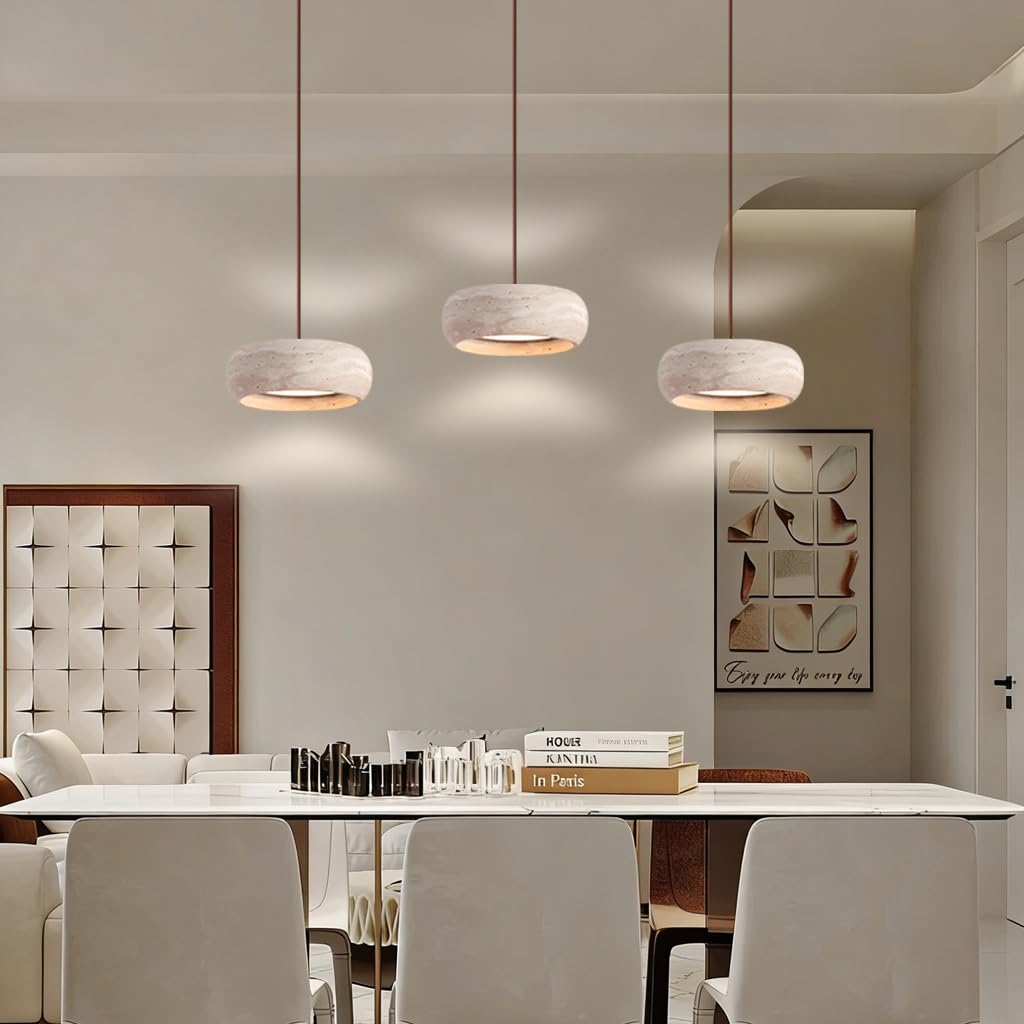 LED-Pendelleuchte Aus Holz Nordische Hängeleuchte Aus Gelbem Kalkstein Kreative Trommelförmige Kronleuchter Aus Naturstein Wabi-Sabi-Stil Geeignet Für Esszimmern Kücheninseln Wohnzimmern(A1)